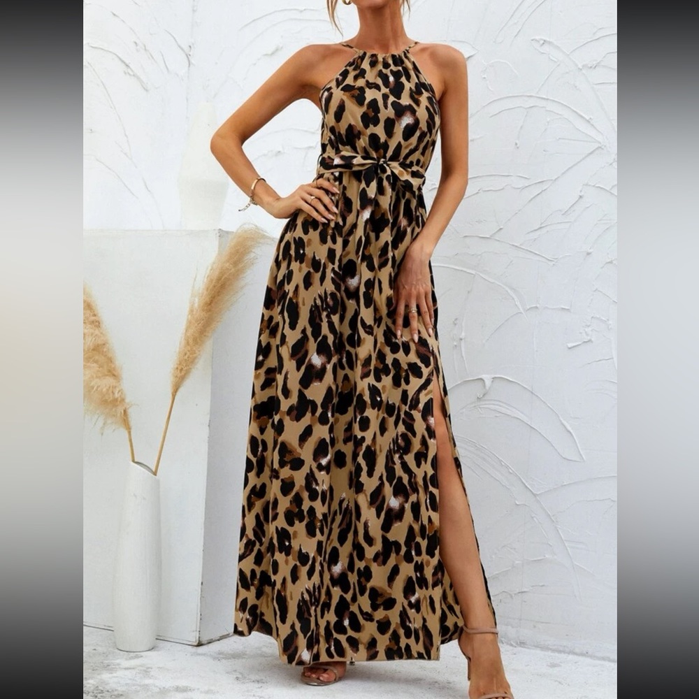 Leopard Print Split Hem Halter Maxi Dress, Large (8-10)